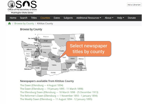 Washington Digital Newspapers county search Screenshot of Veridian search by county feature