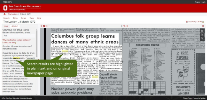 Screenshot showing highlighted search results in the Ohio State newspaper archive