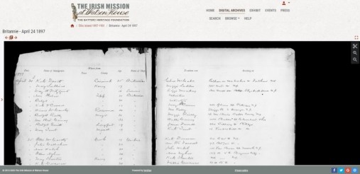 Screen shot showing historical document from the Irish Mission House